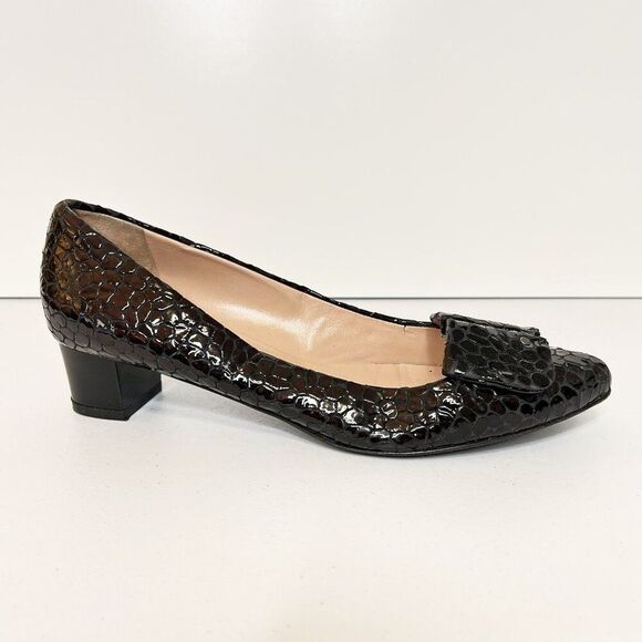 Diana Broussard Dark Brown Patent Croc Embossed Leather Low Block Heel Pumps - Picture 2 of 9